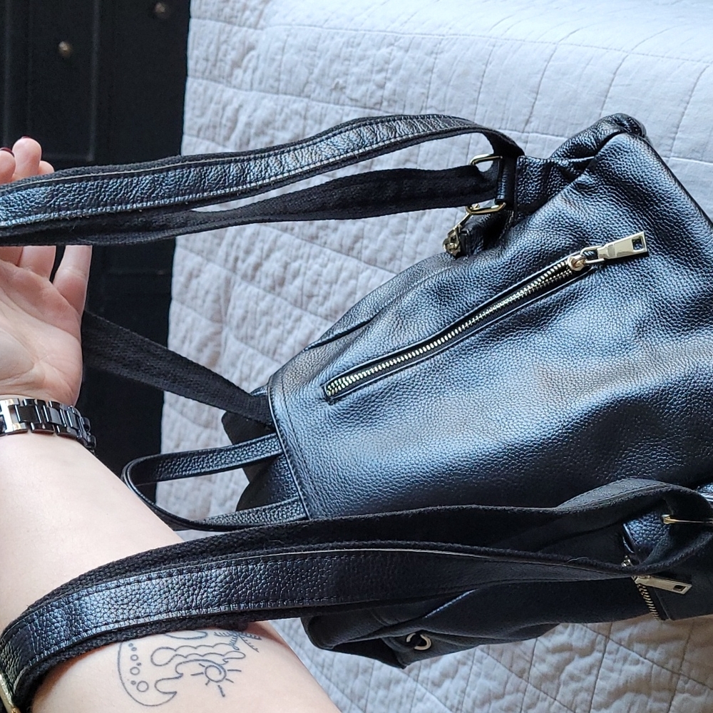 EUC Black Pebbled Leather w Gold Backpack - Picture 11 of 14